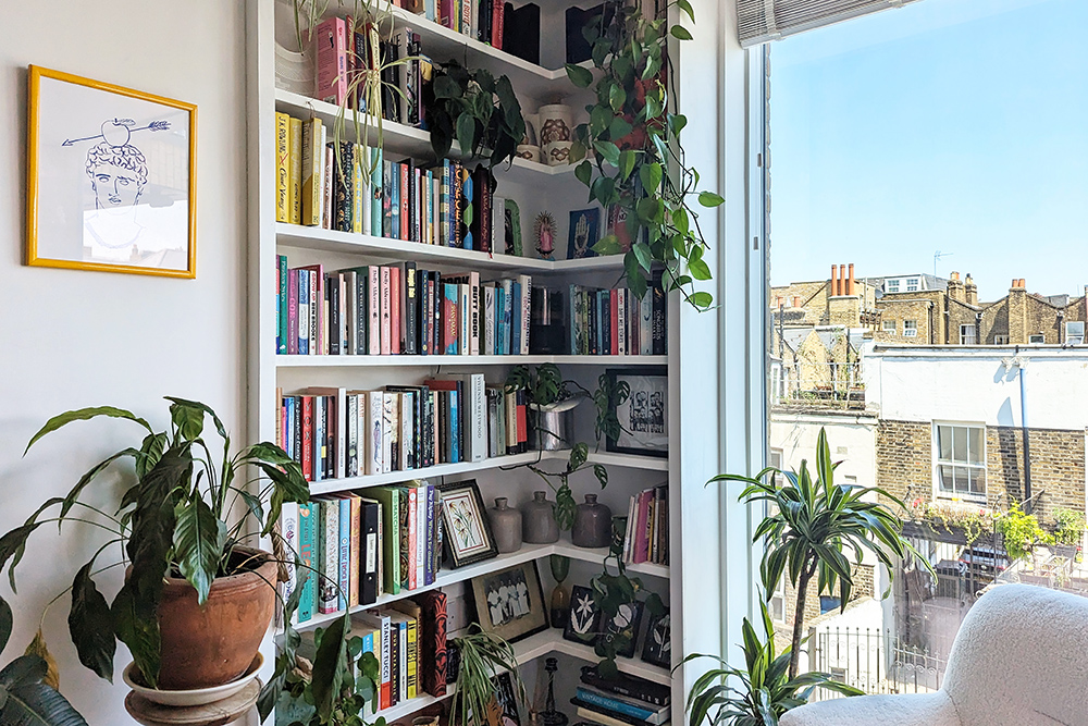 Corner built-in cupboard in alcove space bookshelf. Designed and built by Bespoke Carpentry London