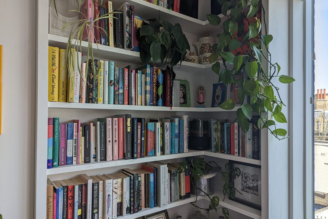 After picture of built-in alcove bookshelf in corner of the living room