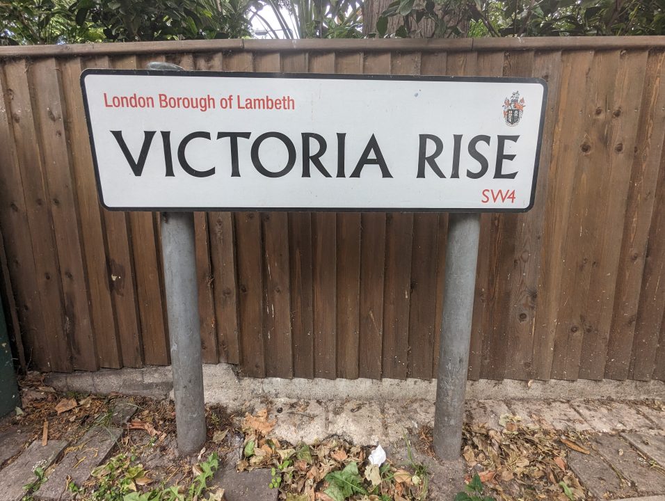 White road sign called Victoria Rise in Clapham common.