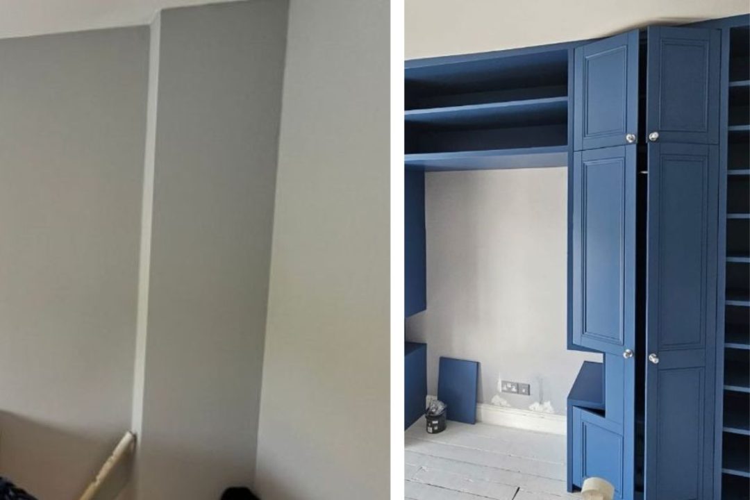 Blue over bed wardrobe in bedroom