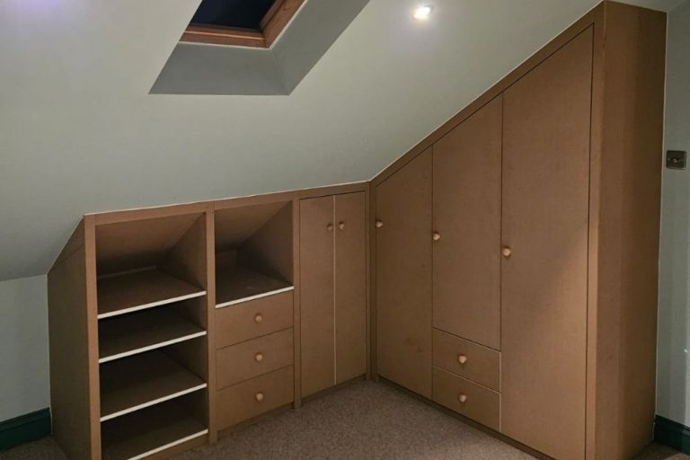 Slanted wardrobe and shelving unit