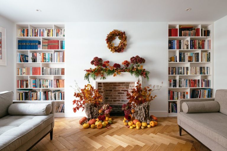 Built in alcove bookshelves with Autumn fireplace