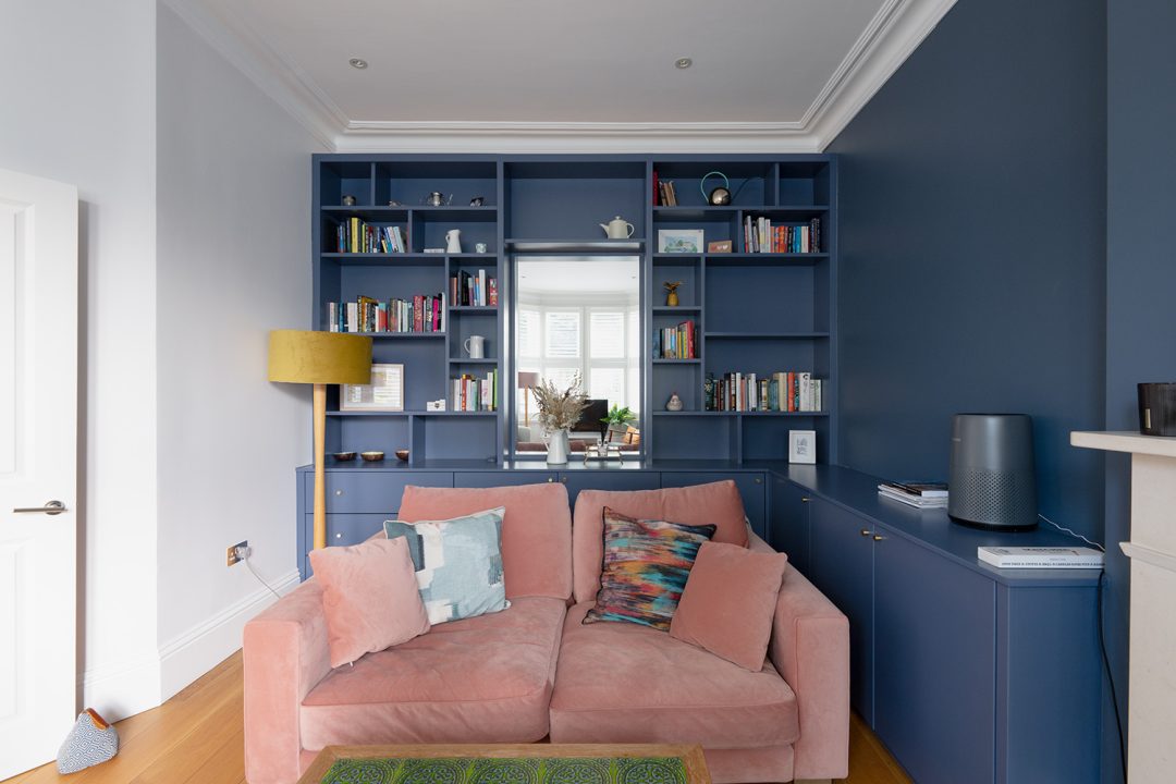 Blue built in shelving unit