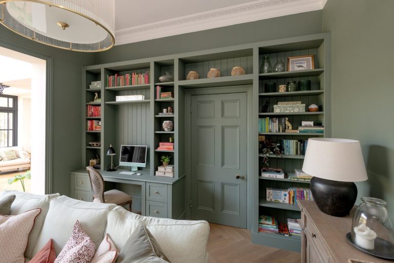 Large custom bookshelf, painted in green