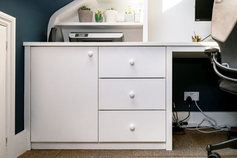 White modern white home office cupboard and drawers