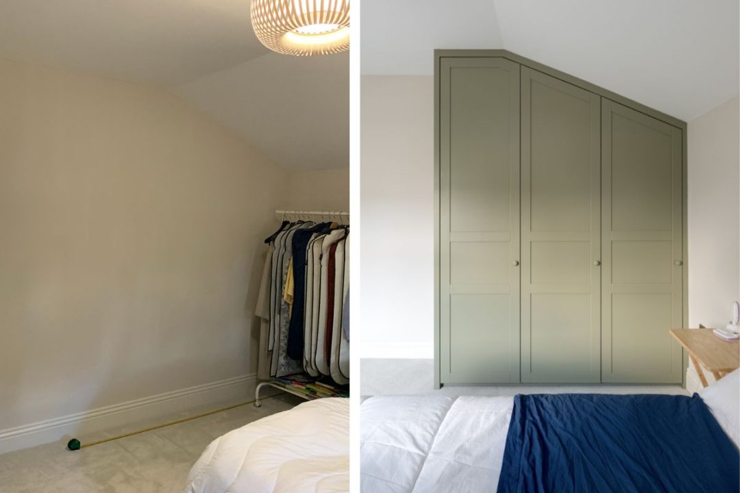 Transformation of new fitted slanted wardrobe in bedroom