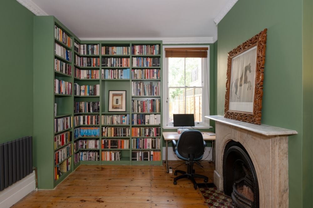 L shape corner bookshelf in green