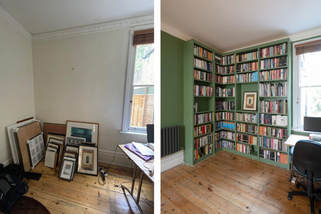 Before and after of a built in green bookshelf