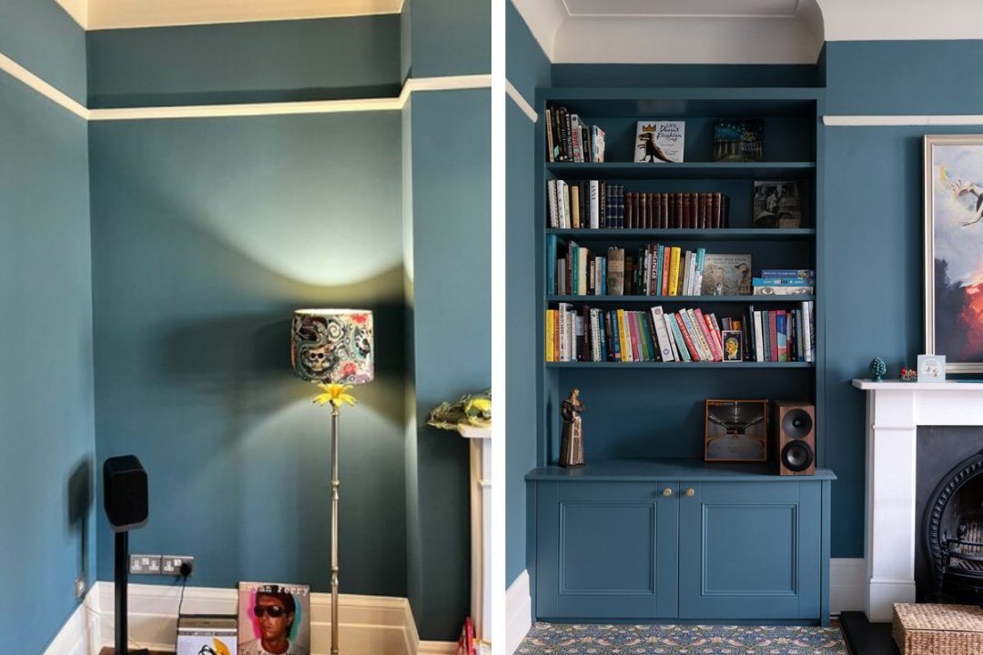 Blue built in alcove bookshelf