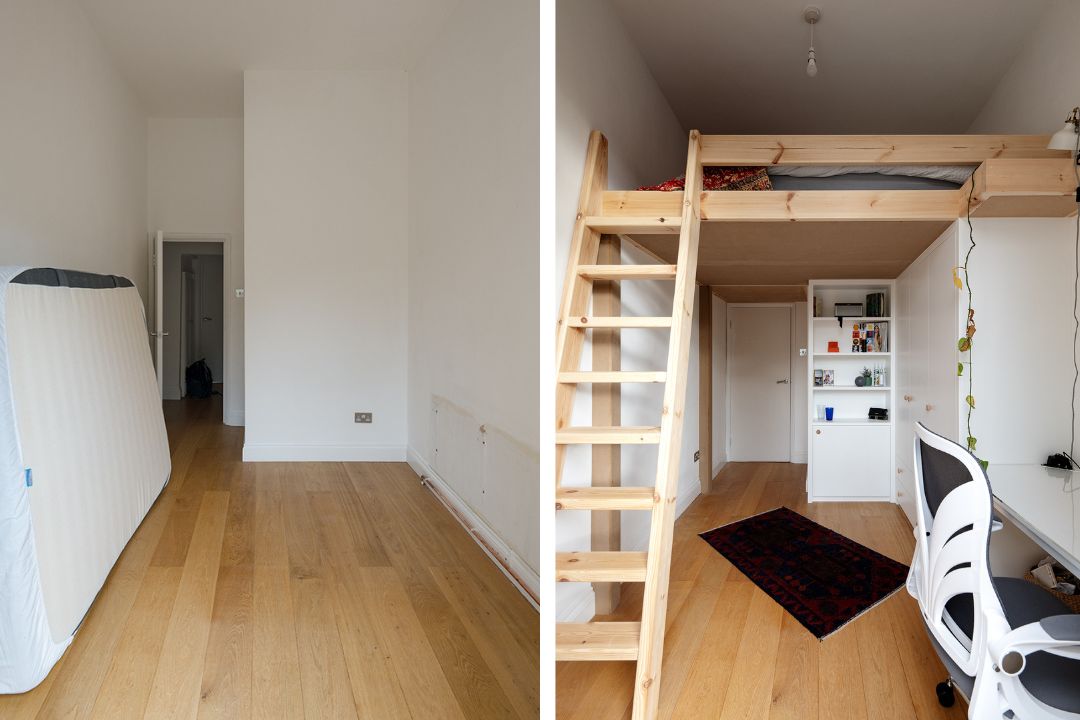 Before and after pictures of a built in loft bed.