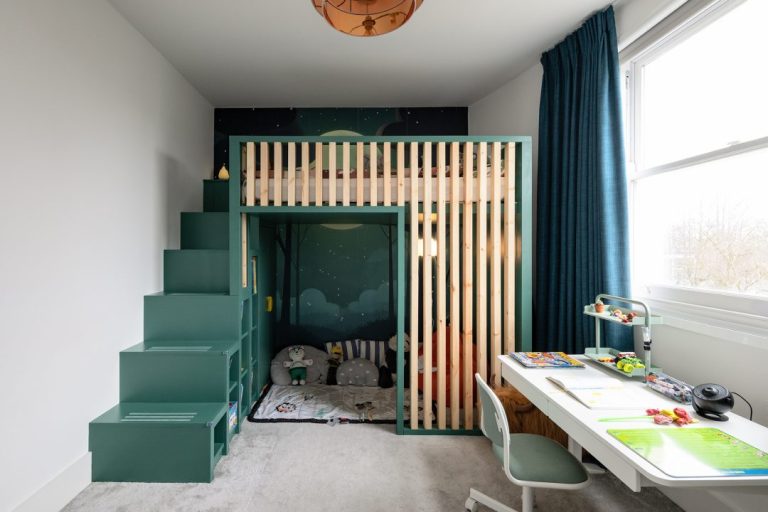 Built in green cabin bed for child's bedroom