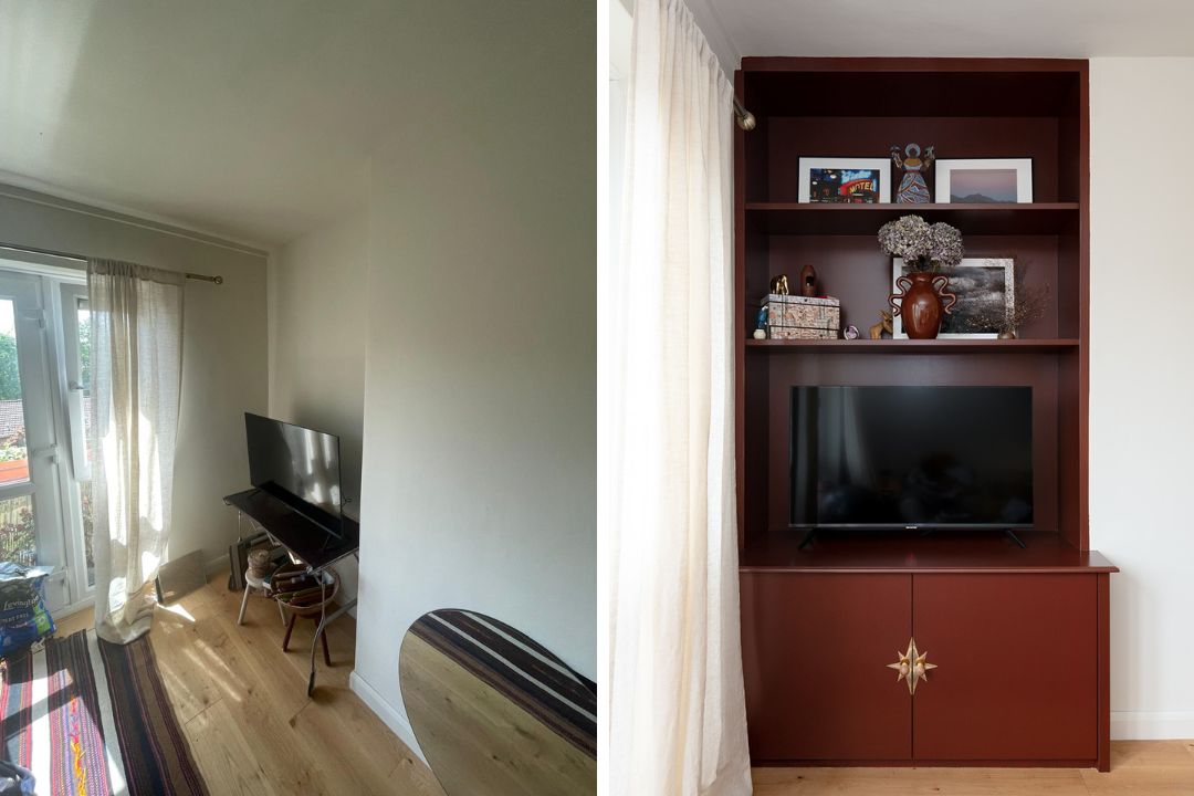 Before and after of red alcove bookshelf in Haggerston.