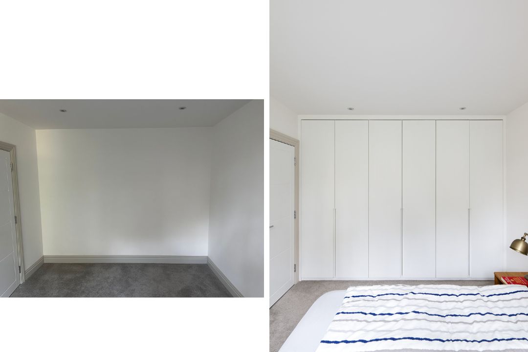 Before and after pictures of a fitted wardrobe with 6 doors