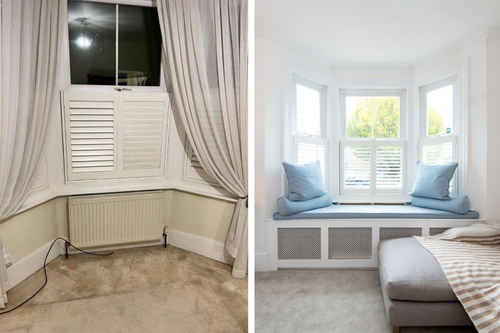 Before and after pictures of a built in bay window seat with radiator grills