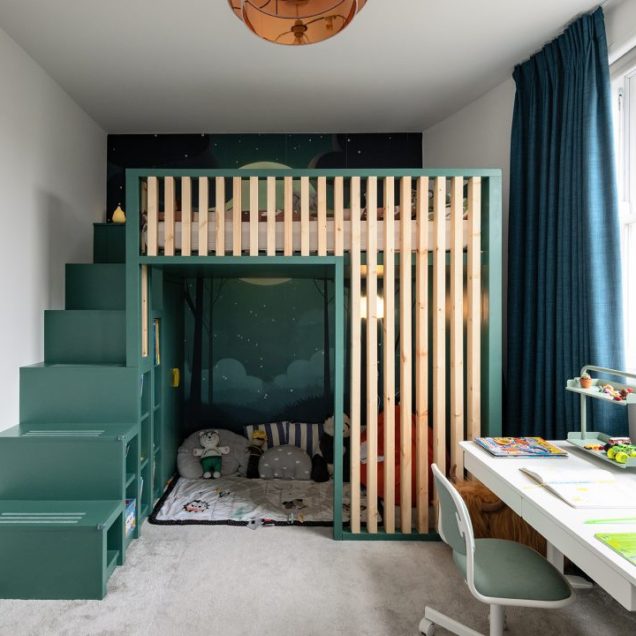 Built in green cabin bed for child's bedroom